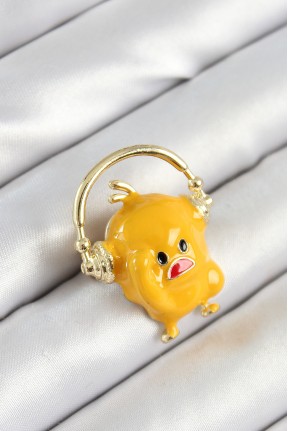 3d Kulaklıklı Sarı Civciv Figürlü Gold Renk Kadın Broş