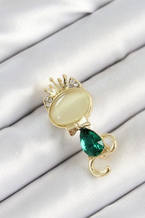 Yeşil Damla Zirkon Taşlı Kraliçe Taçlı Kedi Figürlü Gold Renk Kadın Broş Yeşil Damla Zirkon Taşlı Kraliçe Taçlı Kedi Figürlü Gold Renk Kadın Broş