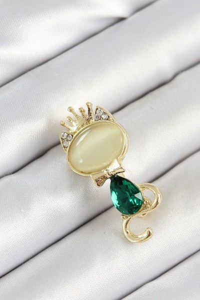 Yeşil Damla Zirkon Taşlı Kraliçe Taçlı Kedi Figürlü Gold Renk Kadın Broş
