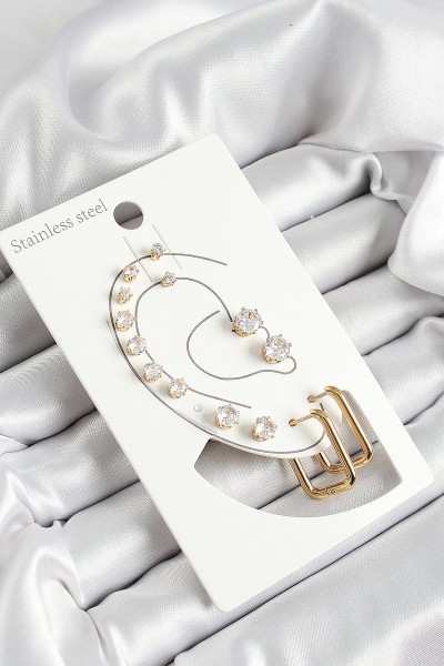 316l çelik Dikdörtgen Figürlü Ve Zirkon Taşlı Gold Renk 7'li çift Kadın Küpe Set