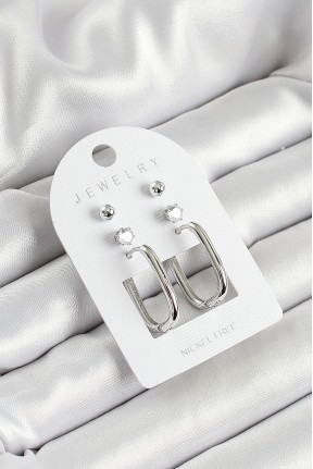 Pirinç Zirkon Taş Ve Dikdörtgen Figürlü Gümüş Renk 3'lü çift Kadın Küpe Set Pirinç Zirkon Taş Ve Dikdörtgen Figürlü Gümüş Renk 3'lü çift Kadın Küpe Set