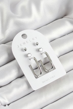 Pirinç Zirkon Taş Ve Dikdörtgen Figürlü Gümüş Renk 3'lü çift Kadın Küpe Set Pirinç Zirkon Taş Ve Dikdörtgen Figürlü Gümüş Renk 3'lü çift Kadın Küpe Set