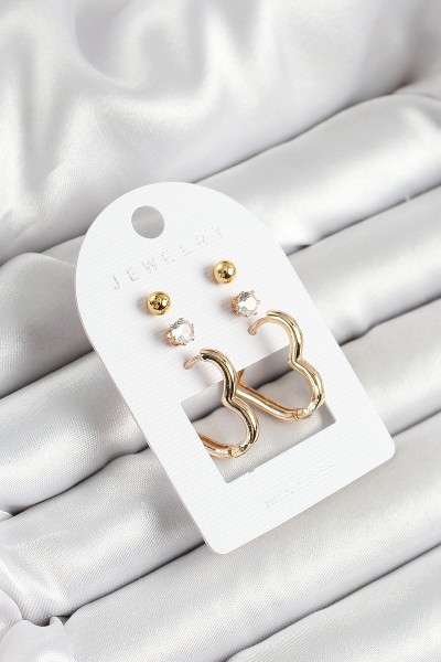Pirinç Zirkon Taş Ve Kalp Figürlü Gold Renk 3'lü çift Kadın Küpe Set