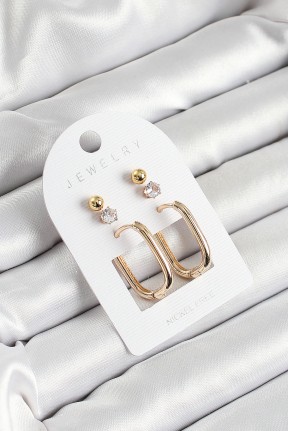 Pirinç Zirkon Taş Ve Dikdörtgen Figürlü Gold Renk 3'lü çift Kadın Küpe Set Pirinç Zirkon Taş Ve Dikdörtgen Figürlü Gold Renk 3'lü çift Kadın Küpe Set