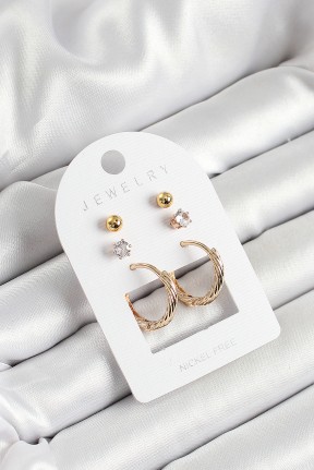 Pirinç Zirkon Taş Ve Halka Figürlü Gold Renk 3'lü çift Kadın Küpe Set Pirinç Zirkon Taş Ve Halka Figürlü Gold Renk 3'lü çift Kadın Küpe Set