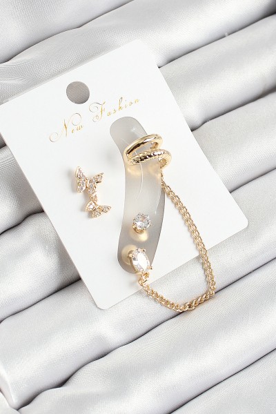 Pirinç Kelebek Figürlü Zirkon Taşlı Gold Renk 3'lü Kıkırdak Kadın Küpe Set Pirinç Kelebek Figürlü Zirkon Taşlı Gold Renk 3'lü Kıkırdak Kadın Küpe Set