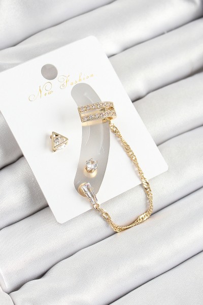 Pirinç üçgen Figürlü Zirkon Taşlı Gold Renk 3'lü Kıkırdak Kadın Küpe Set Pirinç üçgen Figürlü Zirkon Taşlı Gold Renk 3'lü Kıkırdak Kadın Küpe Set