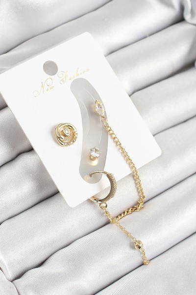 Pirinç Halka Figürlü Zirkon Taşlı Gold Renk 3'lü Kıkırdak Kadın Küpe Set Pirinç Halka Figürlü Zirkon Taşlı Gold Renk 3'lü Kıkırdak Kadın Küpe Set