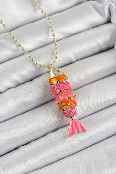 Pirinç Pembe Ve Turuncu Balık Model Zirkon Taşlı Gold Renk Kadın Kolye Pirinç Pembe Ve Turuncu Balık Model Zirkon Taşlı Gold Renk Kadın Kolye