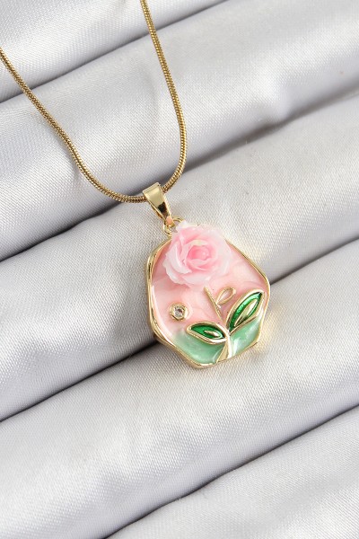 316l çelik Zincir Zirkon Taşlı Pembe Sanatsal Portre Gül Figürlü Beşgen Model Gold Renk Kadın Kolye