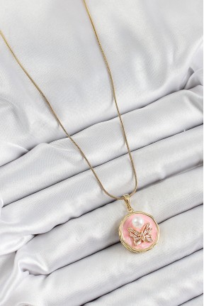 316l çelik Zincir Zirkon Taşlı Pembe Sanatsal Portre İnci Detaylı Kelebek Model Gold Renk Kadın Kolye 316l çelik Zincir Zirkon Taşlı Pembe Sanatsal Portre İnci Detaylı Kelebek Model Gold Renk Kadın Kolye