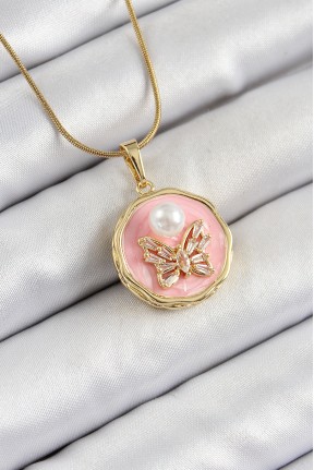 316l çelik Zincir Zirkon Taşlı Pembe Sanatsal Portre İnci Detaylı Kelebek Model Gold Renk Kadın Kolye 316l çelik Zincir Zirkon Taşlı Pembe Sanatsal Portre İnci Detaylı Kelebek Model Gold Renk Kadın Kolye
