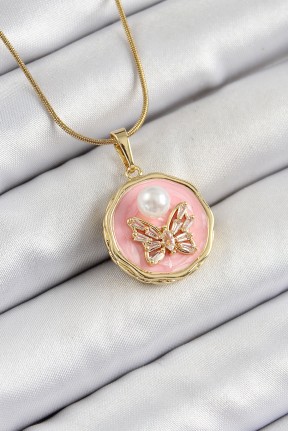 316l çelik Zincir Zirkon Taşlı Pembe Sanatsal Portre İnci Detaylı Kelebek Model Gold Renk Kadın Kolye 316l çelik Zincir Zirkon Taşlı Pembe Sanatsal Portre İnci Detaylı Kelebek Model Gold Renk Kadın Kolye