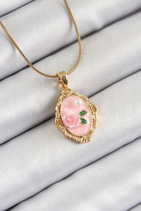 316l çelik Zincir Pembe Sanatsal Portre İnci Detaylı Gül Figürlü Model Gold Renk Kadın Kolye 316l çelik Zincir Pembe Sanatsal Portre İnci Detaylı Gül Figürlü Model Gold Renk Kadın Kolye