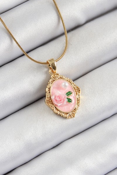 316l çelik Zincir Pembe Sanatsal Portre İnci Detaylı Gül Figürlü Model Gold Renk Kadın Kolye