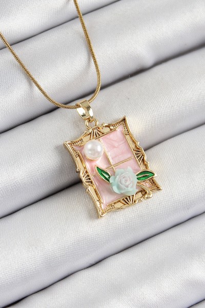 316l çelik Zincir Pembe Sanatsal Portre İnci Detaylı Gül Figürlü Model Gold Renk Kadın Kolye