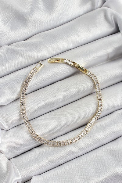 Pirinç Zirkon Taşlı İnce Su Yolu Model Gold Renk Kadın Bileklik