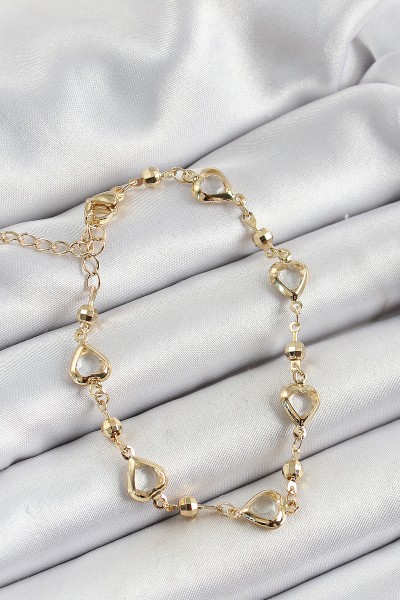 Pirinç şeffaf Kalp Model Gold Renk Zirkon Taşlı Kadın Bileklik