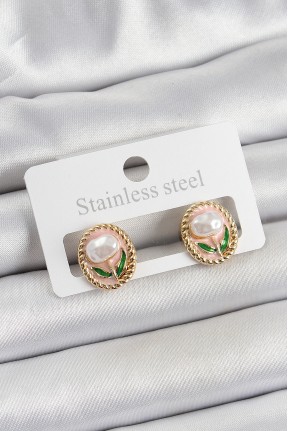 Pirinç Pembe Mineli Lale Figürlü Sanatsal Portre Model Gold Renk Kadın Küpe Pirinç Pembe Mineli Lale Figürlü Sanatsal Portre Model Gold Renk Kadın Küpe