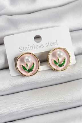 Pirinç Pembe Mineli Lale Figürlü Sanatsal Portre Model Gold Renk Kadın Küpe Pirinç Pembe Mineli Lale Figürlü Sanatsal Portre Model Gold Renk Kadın Küpe