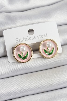 Pirinç Pembe Mineli Lale Figürlü Sanatsal Portre Model Gold Renk Kadın Küpe Pirinç Pembe Mineli Lale Figürlü Sanatsal Portre Model Gold Renk Kadın Küpe