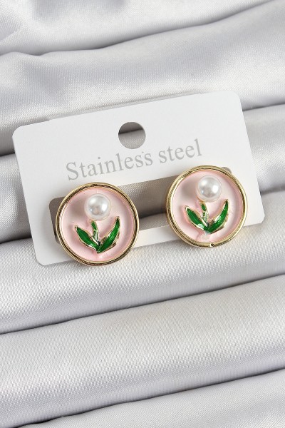 Pirinç Pembe Mineli Lale Figürlü Sanatsal Portre Model Gold Renk Kadın Küpe Pirinç Pembe Mineli Lale Figürlü Sanatsal Portre Model Gold Renk Kadın Küpe
