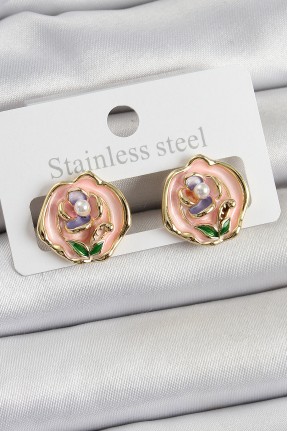 Pirinç Pembe Mineli çiçek Figürlü Sanatsal Portre Model Gold Renk Kadın Küpe Pirinç Pembe Mineli çiçek Figürlü Sanatsal Portre Model Gold Renk Kadın Küpe