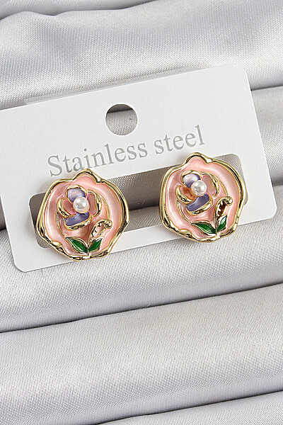 Pirinç Pembe Mineli çiçek Figürlü Sanatsal Portre Model Gold Renk Kadın Küpe Pirinç Pembe Mineli çiçek Figürlü Sanatsal Portre Model Gold Renk Kadın Küpe