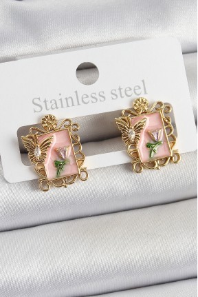 Pirinç Pembe Mineli Sanatsal Portre Model Gold Renk Kadın Küpe Pirinç Pembe Mineli Sanatsal Portre Model Gold Renk Kadın Küpe