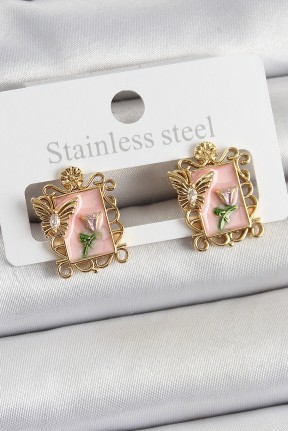 Pirinç Pembe Mineli Sanatsal Portre Model Gold Renk Kadın Küpe Pirinç Pembe Mineli Sanatsal Portre Model Gold Renk Kadın Küpe