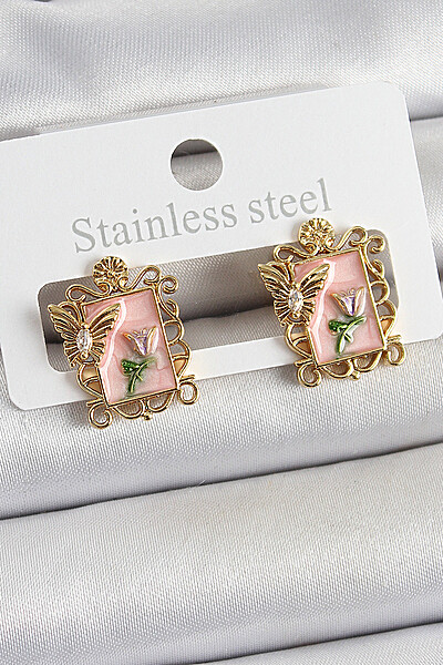 Pirinç Pembe Mineli Sanatsal Portre Model Gold Renk Kadın Küpe Pirinç Pembe Mineli Sanatsal Portre Model Gold Renk Kadın Küpe