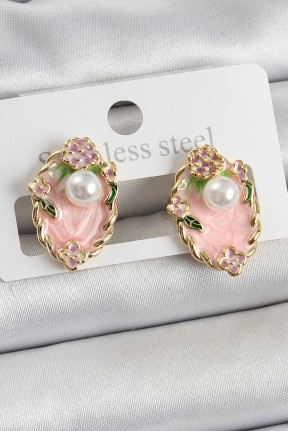 Pirinç Pembe Mineli İnci Detaylı Sanatsal Portre Model Gold Renk Kadın Küpe Pirinç Pembe Mineli İnci Detaylı Sanatsal Portre Model Gold Renk Kadın Küpe