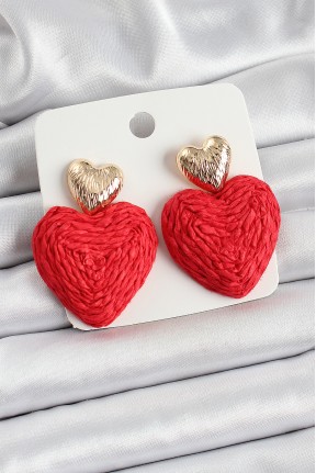 Kırmızı Kalp Figürlü Hasır örgü Model Gold Renk Kadın Küpe