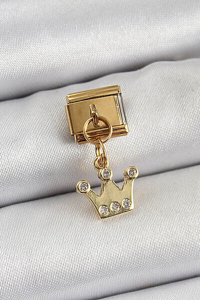 316l çelik Sallantılı Zirkon Taşlı Kraliçe Tacı Model Gold Renk Nomination Charm