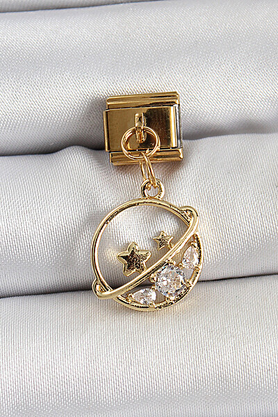 316l çelik Sallantılı Zirkon Taşlı Satürn Model Gold Renk Nomination Charm