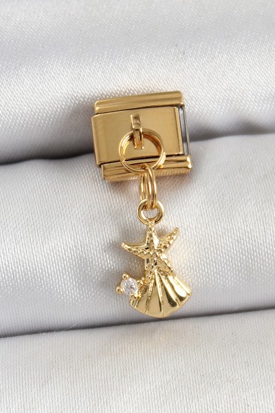 316l çelik Sallantılı Zirkon Taşlı Deniz Yıldızı Ve İstiridye Model Gold Renk Nomination Charm