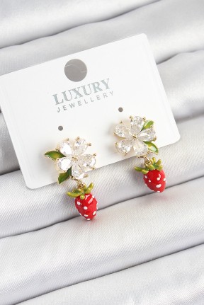 Pirinç Mineli Zirkon Taşlı çiçek Model Sallantılı çilek Detaylı Gold Renk Kadın Küpe Pirinç Mineli Zirkon Taşlı çiçek Model Sallantılı çilek Detaylı Gold Renk Kadın Küpe
