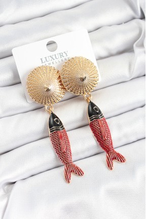 Pirinç Sallantılı Zirkon Taşlı Kırmızı Siyah Balık Model Gold Renk Kadın Küpe Pirinç Sallantılı Zirkon Taşlı Kırmızı Siyah Balık Model Gold Renk Kadın Küpe