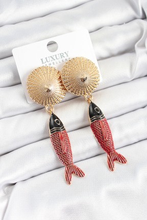 Pirinç Sallantılı Zirkon Taşlı Kırmızı Siyah Balık Model Gold Renk Kadın Küpe Pirinç Sallantılı Zirkon Taşlı Kırmızı Siyah Balık Model Gold Renk Kadın Küpe