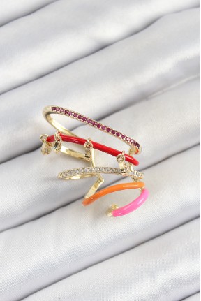 Pirinç Zirkon Taşlı Kırmızı Turuncu Pembe Sıkıştırma Sağ Kıkırdak Gold Renk Kadın Küpe Pirinç Zirkon Taşlı Kırmızı Turuncu Pembe Sıkıştırma Sağ Kıkırdak Gold Renk Kadın Küpe