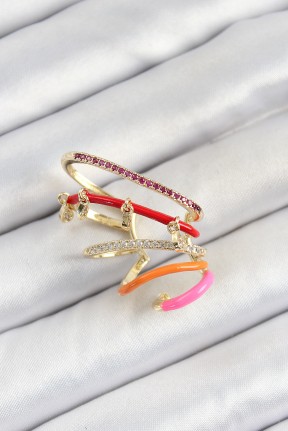 Pirinç Zirkon Taşlı Kırmızı Turuncu Pembe Sıkıştırma Sağ Kıkırdak Gold Renk Kadın Küpe Pirinç Zirkon Taşlı Kırmızı Turuncu Pembe Sıkıştırma Sağ Kıkırdak Gold Renk Kadın Küpe
