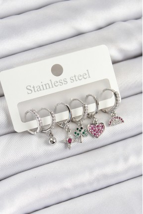 Pirinç Zirkon Taşlı Karpuz Yonca Kalp Pusula Karışık Model Gümüş Renk 6'lı Set Kadın Küpe Pirinç Zirkon Taşlı Karpuz Yonca Kalp Pusula Karışık Model Gümüş Renk 6'lı Set Kadın Küpe