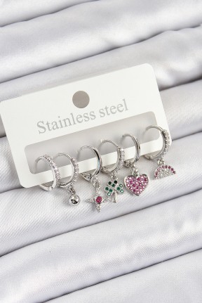 Pirinç Zirkon Taşlı Karpuz Yonca Kalp Pusula Karışık Model Gümüş Renk 6'lı Set Kadın Küpe Pirinç Zirkon Taşlı Karpuz Yonca Kalp Pusula Karışık Model Gümüş Renk 6'lı Set Kadın Küpe