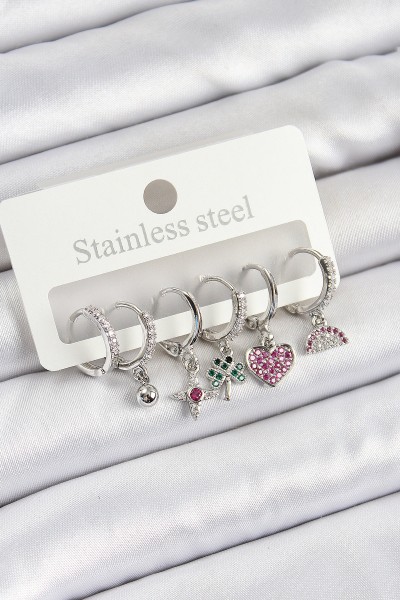 Pirinç Zirkon Taşlı Karpuz Yonca Kalp Pusula Karışık Model Gümüş Renk 6'lı Set Kadın Küpe Pirinç Zirkon Taşlı Karpuz Yonca Kalp Pusula Karışık Model Gümüş Renk 6'lı Set Kadın Küpe