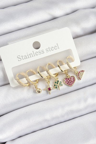 Pirinç Zirkon Taşlı Karpuz Yonca Kalp Pusula Karışık Model Gold Renk 6'lı Set Kadın Küpe Pirinç Zirkon Taşlı Karpuz Yonca Kalp Pusula Karışık Model Gold Renk 6'lı Set Kadın Küpe