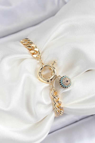 Pirinç Nazar Model Zirkon Taşlı Gold Renk Vi̇p Seri Kadın Bileklik