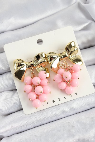 Pirinç Sallantılı Pembe Boncuklu Fiyonk Vintage Model Gold Renk Kadın Küpe Pirinç Sallantılı Pembe Boncuklu Fiyonk Vintage Model Gold Renk Kadın Küpe