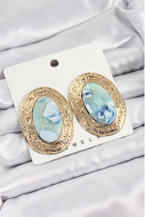 Pirinç Mermer Desenlli Mavi Sedef Oval Vintage Model Gold Renk Kadın Küpe Pirinç Mermer Desenlli Mavi Sedef Oval Vintage Model Gold Renk Kadın Küpe