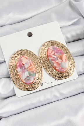 Pirinç Mermer Desenlli Pembe Sedef Oval Vintage Model Gold Renk Kadın Küpe Pirinç Mermer Desenlli Pembe Sedef Oval Vintage Model Gold Renk Kadın Küpe