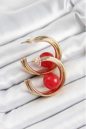 Pirinç Gold Renk Halka Model Kırmızı Boncuk Detay Kadın Küpe